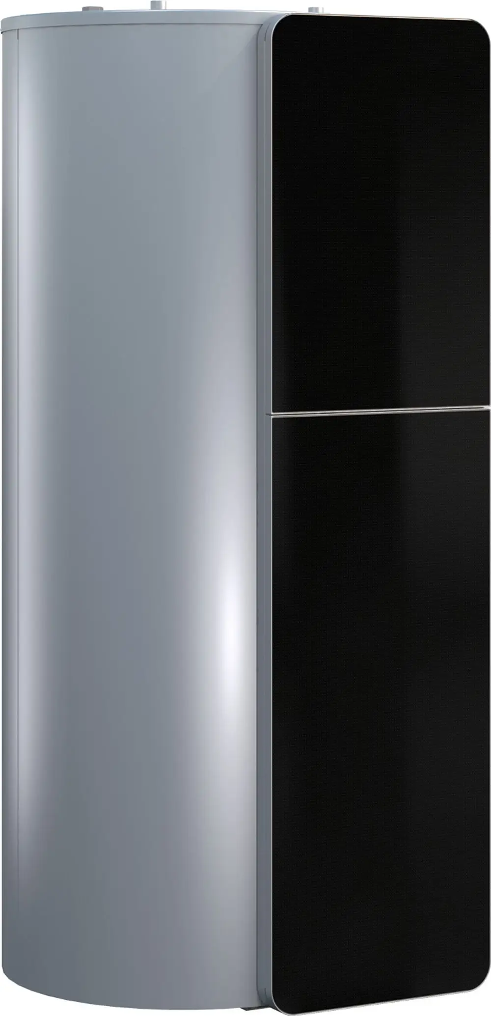 Vertikaler Pufferspeicher von Bosch, mit einer schwarzen Blende, ovaler Form und integrierter Solarwärmetauscher, montiert in einem klar strukturierten Raum.